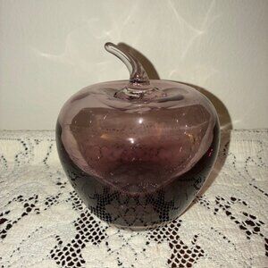 Blenko Glass Company Hand-Blown Art Glass Amethyst Apple with Clear Stem
